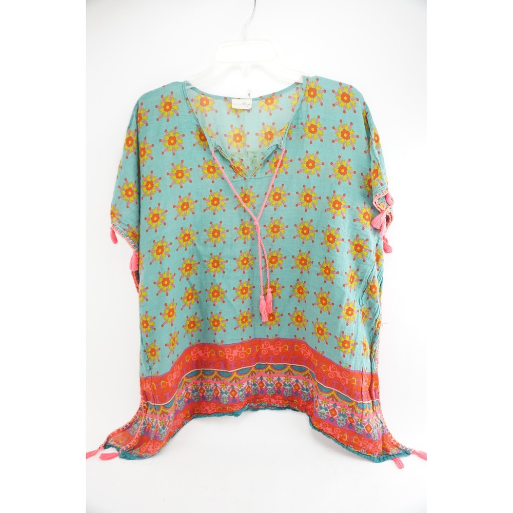 Natural Life Kaftan Top OS Teal Floral Tassel Here Comes The Sun Excellent